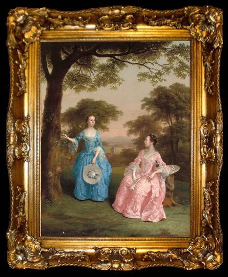 framed  Arthur Devis Double Portrait of Alicia and Jane Clarke in a Wooden Landscape, ta009-2